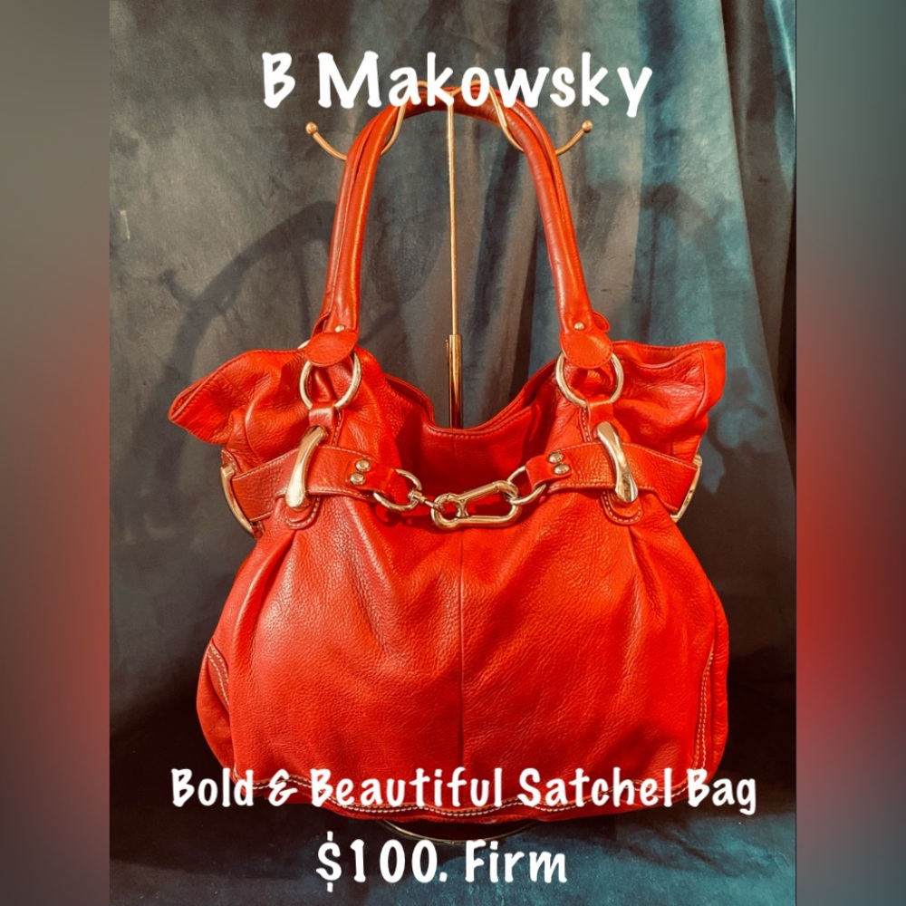 B Makowsky Gorgeous Bold Red  Satchel Bag w/Chunky Silver Hardware